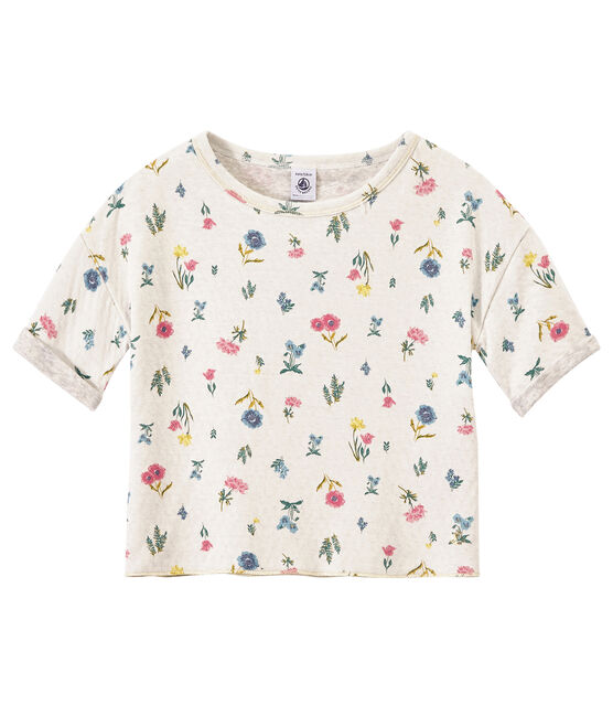 T-shirt fille en tubique léger imprimé blanc MARSHMALLOW/blanc MULTICO