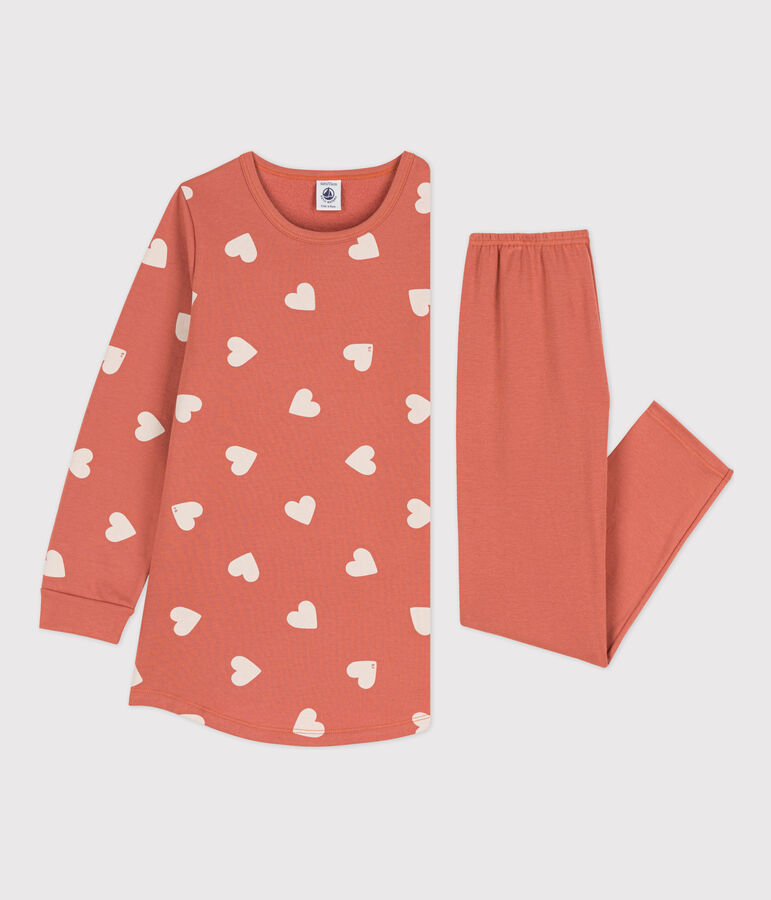 Chemise de nuit et legging c&oelig;ur petite fille en molleton et en coton rose/&eacute;cru