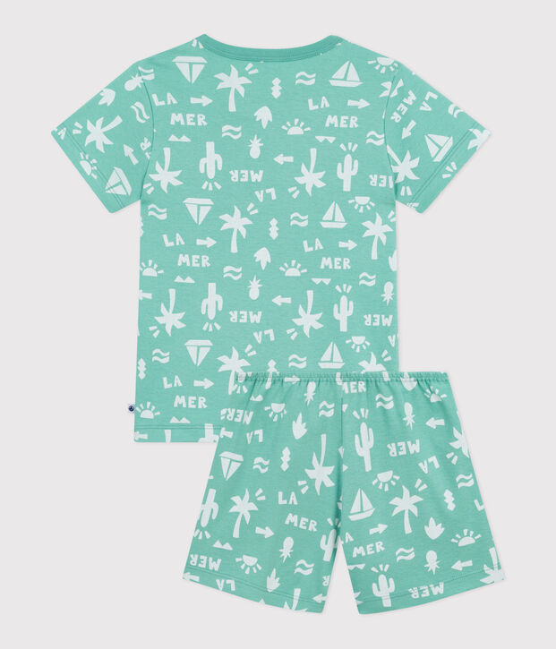 Pyjama short enfant en coton imprim&eacute; vert/blanc