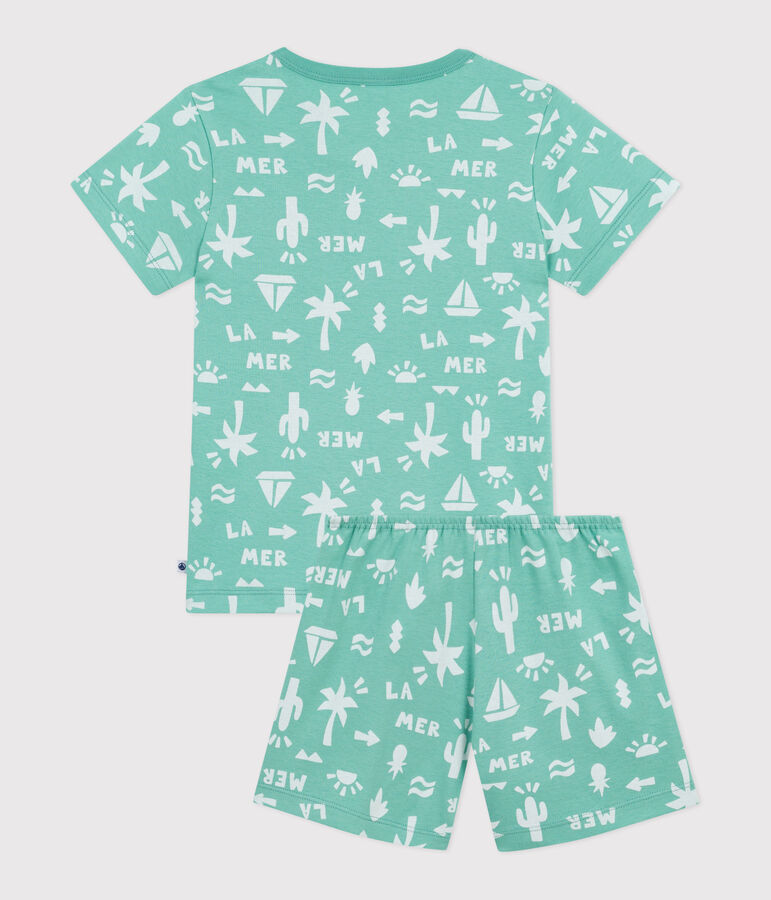Pyjama short enfant en coton imprim&eacute; vert ALOEVERA/blanc MARSHMALLOW