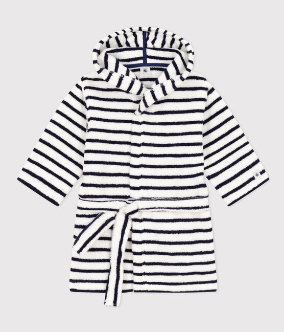 Peignoir rayé en éponge enfant blanc LAIT/bleu MEDIEVAL