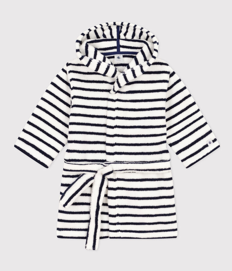 Peignoir ray&eacute; en &eacute;ponge enfant blanc LAIT/bleu MEDIEVAL