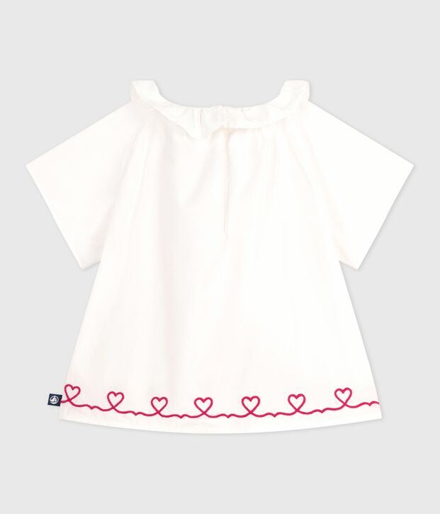 Blouse b&eacute;b&eacute; en popeline de coton manches courtes, brod&eacute;e c&oelig;urs blanc