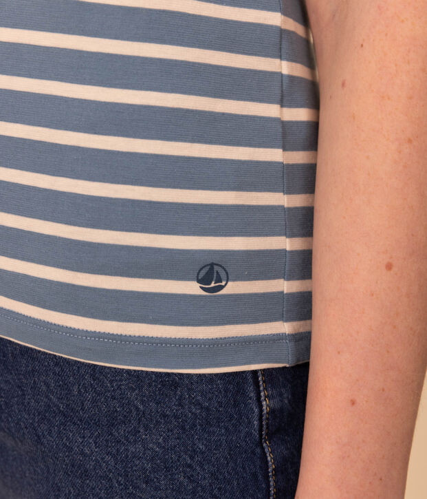 Tee-shirt LE DROIT col rond en coton Femme bleu/&eacute;cru