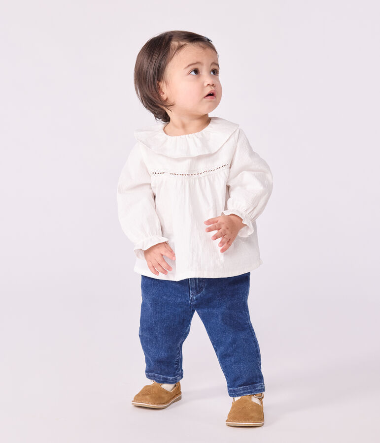 Blouse b&eacute;b&eacute; en popeline de coton manches longues, &agrave; col et brod&eacute;e blanc ECUME