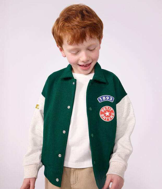 Veste teddy enfant en coton uni colorblock vert/beige