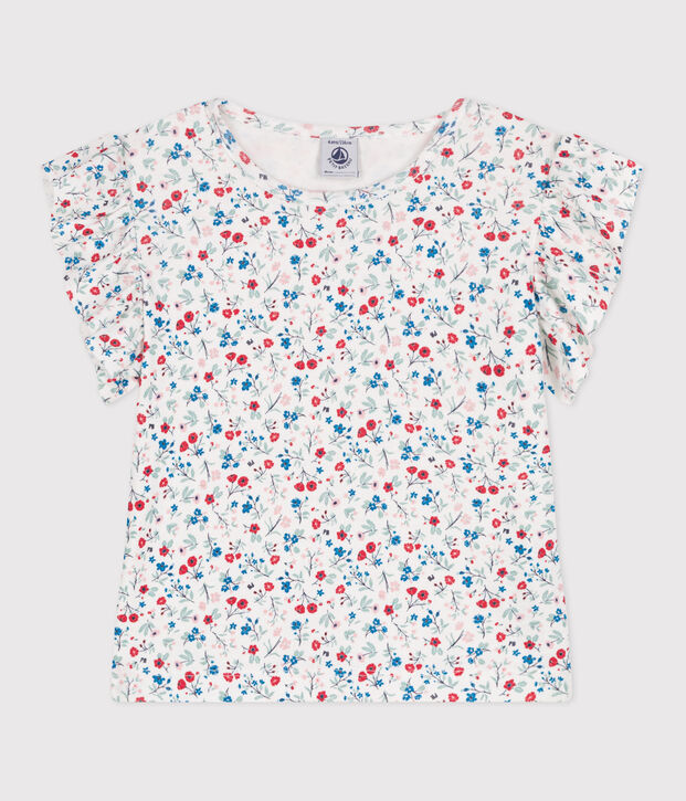 Teeshirt enfant en coton manches courtes fleuri blanc/multicouleur