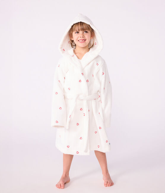 Peignoir enfant en coton éponge cœurs brodés blanc MARSHMALLOW/rouge TERKUIT