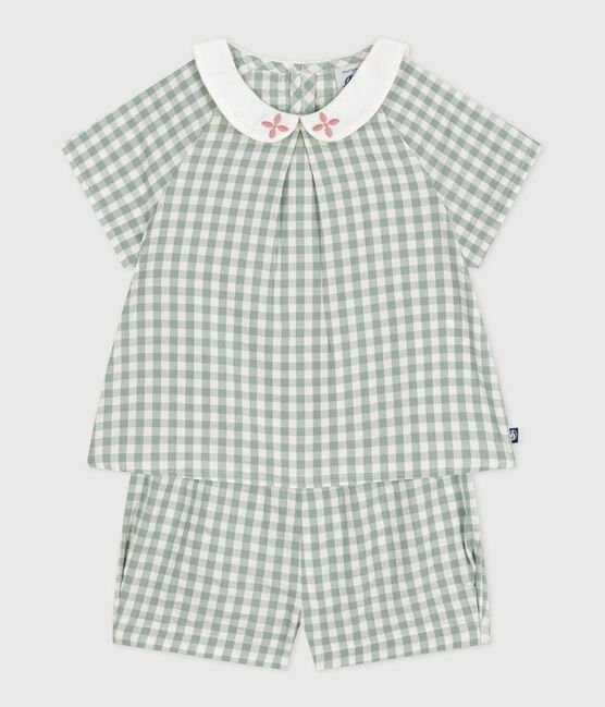 Ensemble bébé deux pièces en coton, blouse et short vichy bleu PAUL/blanc MARSHMALLOW