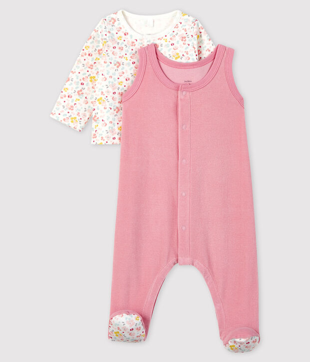 Ensemble 2 pi&egrave;ces fleurs roses b&eacute;b&eacute; en en velours rose/multicouleur