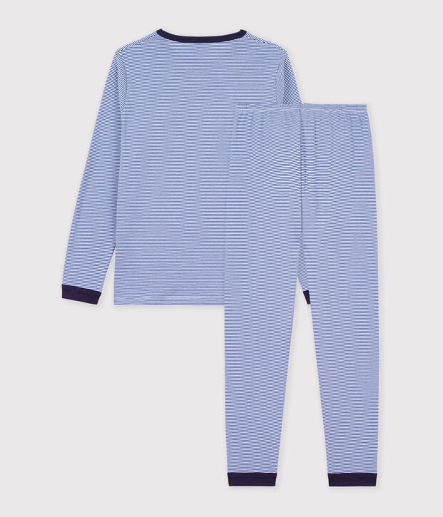 Pyjama enfant en coton &agrave; rayures bleu/blanc