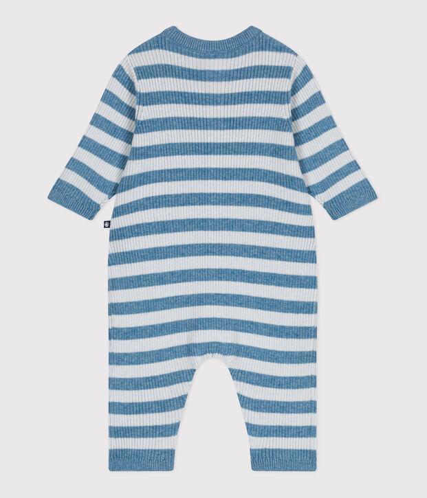 Combinaison b&eacute;b&eacute; ray&eacute;e en tricot laine et coton bleu/bleu