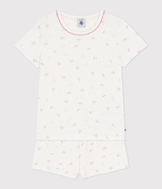 Pyjama short enfant en coton ajouré imprimé fleuri blanc MARSHMALLOW/blanc MULTICO