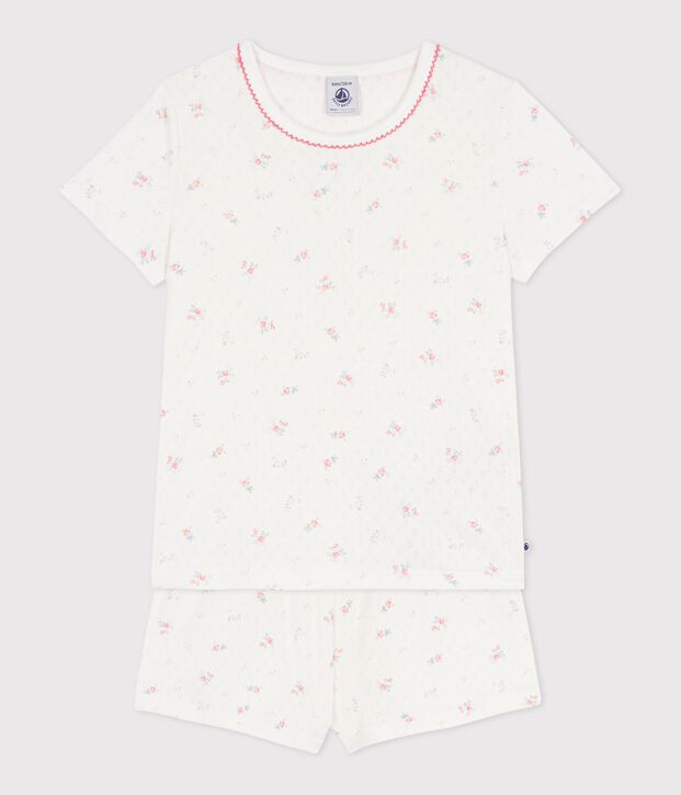 Pyjama short enfant en coton ajour&eacute; imprim&eacute; fleuri blanc/multicouleur