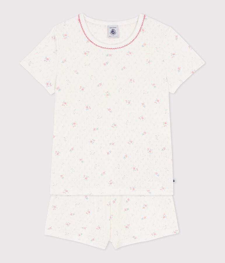 Pyjama short enfant en coton ajour&eacute; imprim&eacute; fleuri blanc MARSHMALLOW/blanc MULTICO