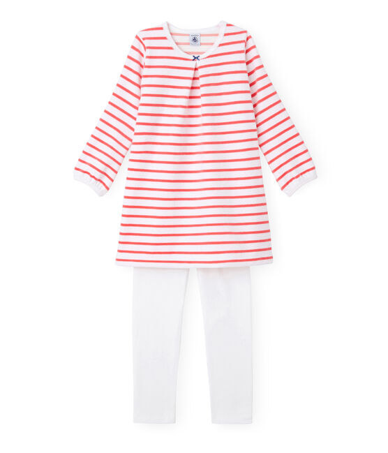 Chemise de nuit fille à rayure marinière et son legging blanc ECUME/rouge CARMEN