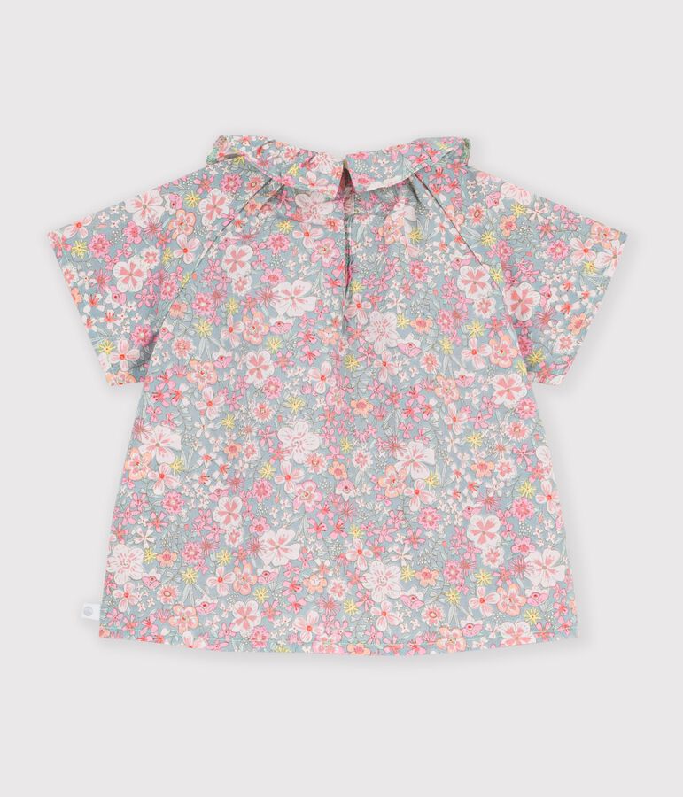 Blouse b&eacute;b&eacute; en coton manches courtes imrpim&eacute;e fleurs bleu/multicouleur