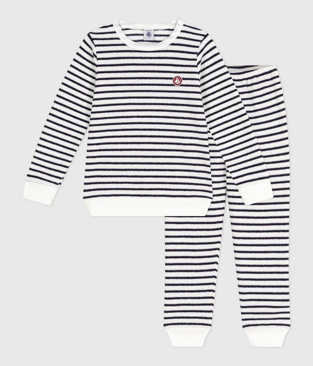 Pyjama enfant en coton &eacute;ponge &agrave; rayures bleu/bleu