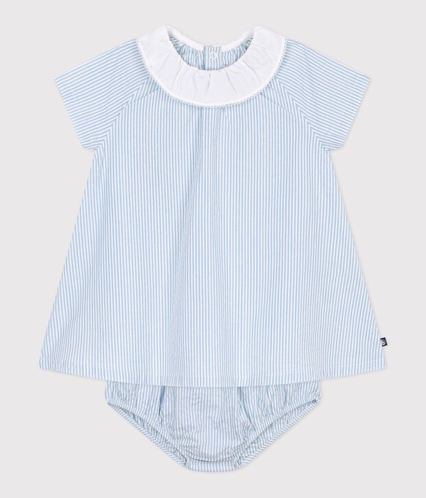 Robe b&eacute;b&eacute; en coton manches courtes et son bloomer, ray&eacute;s bleu/bleu