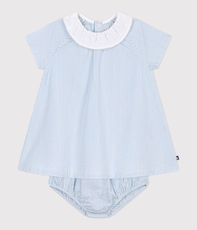 Robe b&eacute;b&eacute; en coton manches courtes et son bloomer, ray&eacute;s bleu MARSHMALLOW/ FLO
