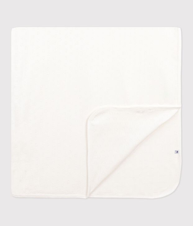 Couverture l&eacute;g&egrave;re naissance en coton ajour&eacute; c&oelig;ur uni blanc