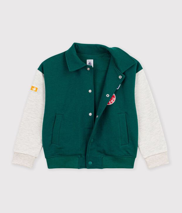 Veste teddy enfant en coton uni colorblock vert/beige