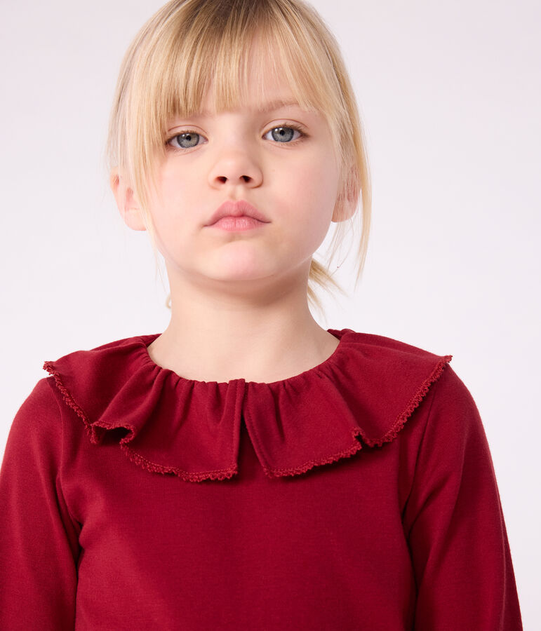 Tee-shirt enfant manches longues en coton uni rouge AMARANTE
