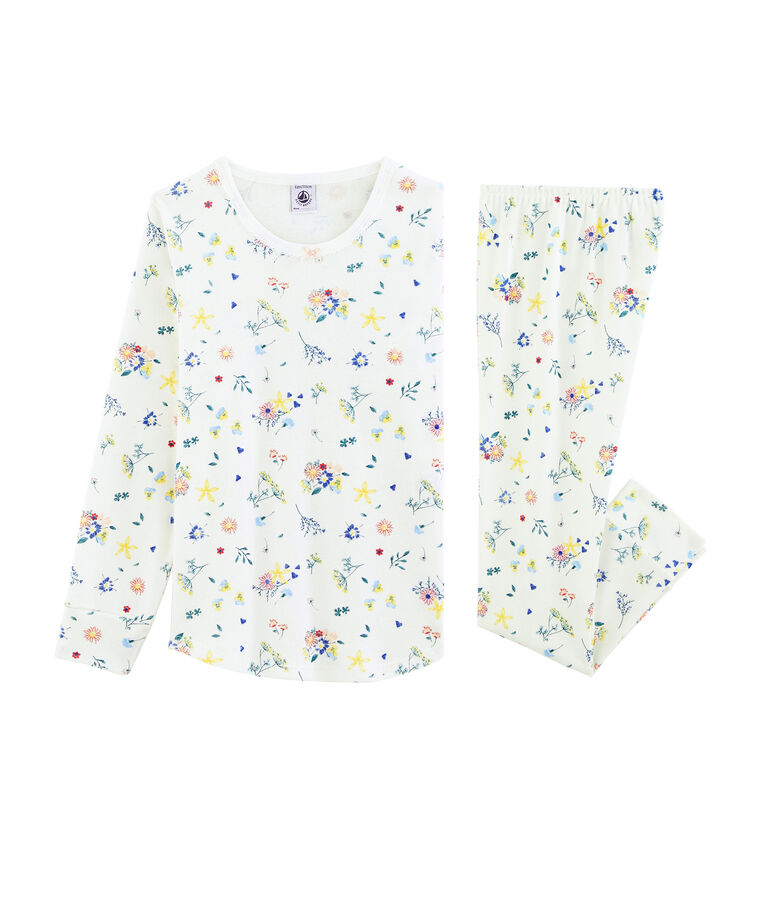Pyjama petite fille en c&ocirc;te blanc MARSHMALLOW/blanc MULTICO