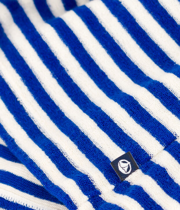 Robe ray&eacute;e sans manche en bouclette &eacute;ponge enfant fille bleu/&eacute;cru