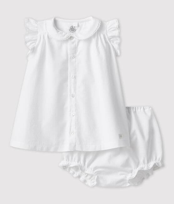 Robe blanche manches courtes avec bloomer bébé fille en popeline de coton biologique blanc ECUME