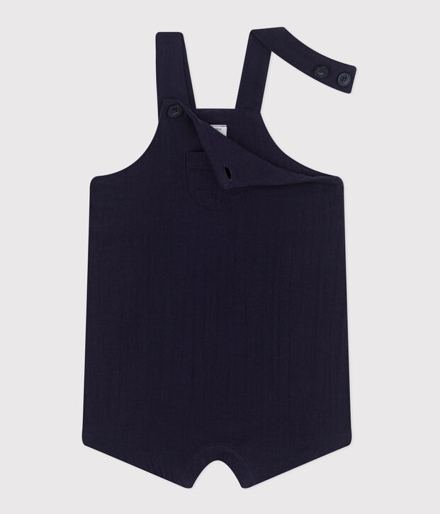 Salopette b&eacute;b&eacute; en gaze de coton jambes courtes, unie bleu