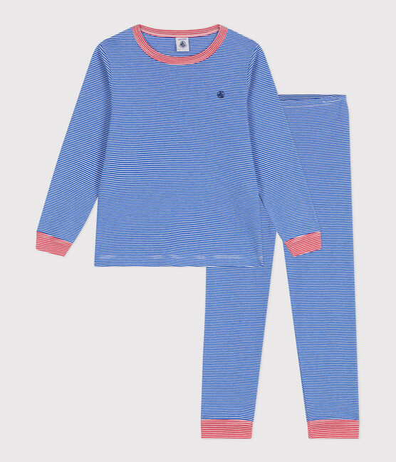 Pyjama enfant en coton manches longues à rayures bleu PERSE/blanc MARSHMALLOW