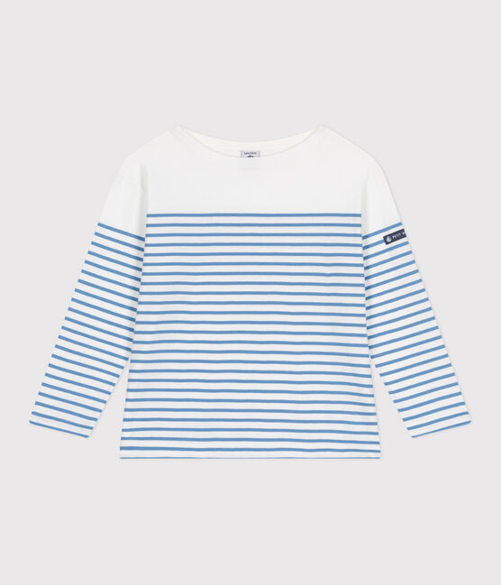 Teeshirt marinière enfant en coton manches longues blanc MARSHMALLOW/bleu ALASKA