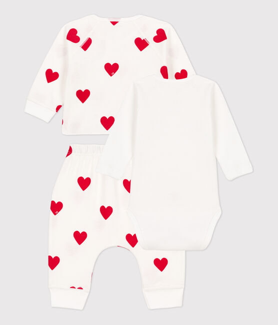 Ensemble 3 pièces à cœurs bébé en coton blanc MARSHMALLOW/rouge TERKUIT