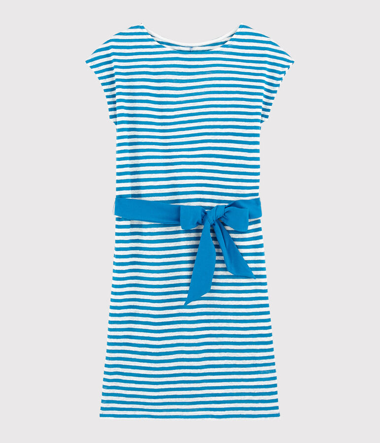 Robe en lin ray&eacute; Femme bleu MYKONOS/blanc MARSHMALLOW