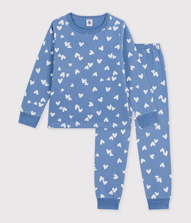 Pyjama enfant en molleton &agrave; c&oelig;urs bleu/blanc