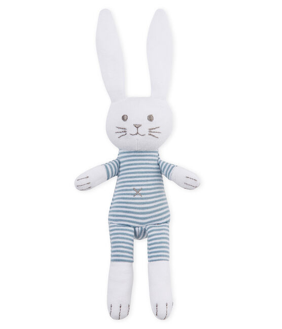 Doudou lapin bébé en jersey bleu FONTAINE/blanc MARSHMALLOW
