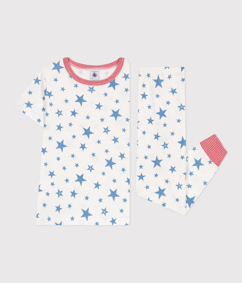 Pyjama enfant en coton imprim&eacute; &eacute;toiles blanc MARSHMALLOW/bleu ALASKA