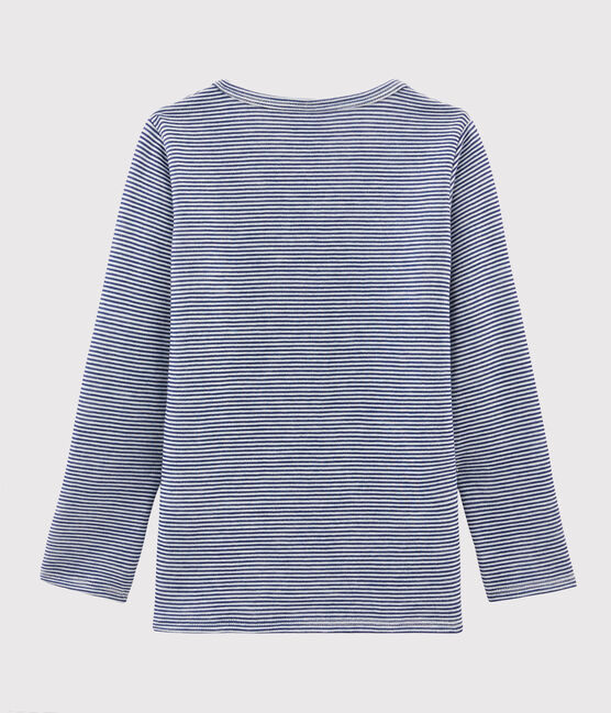 Tee-shirt manches longues milleraies petite fille/petit garçon  en laine et coton bleu MEDIEVAL/blanc MARSHMALLOW