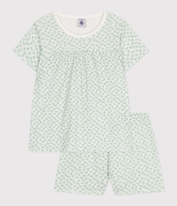 Pyjama short enfant en coton imprim&eacute; fleuri blanc/vert