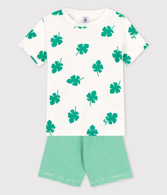 Pyjacourt motif palmes petit garçon en coton biologique blanc MARSHMALLOW/vert GAZON