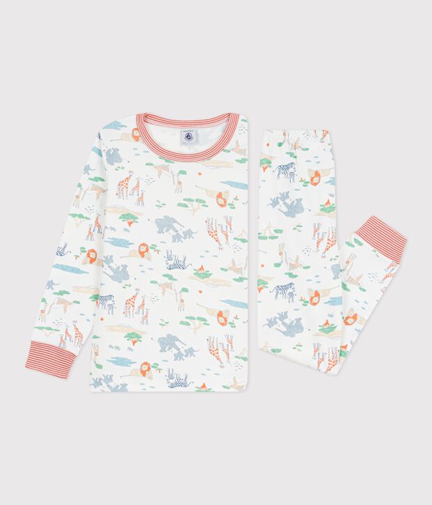 Pyjama enfant en coton imprim&eacute; savane blanc/multicouleur