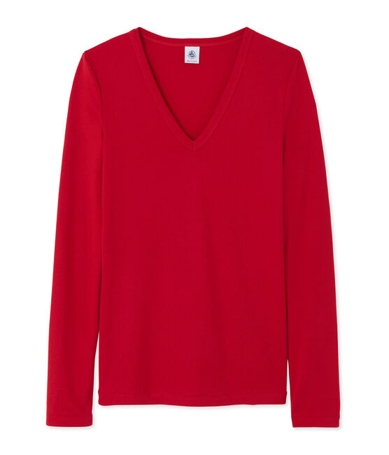 T-shirt femme manches longues col V rouge Mars