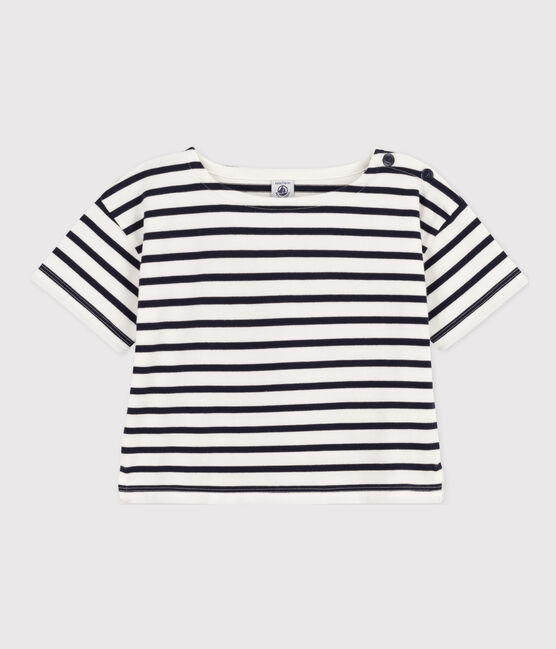 Tee-shirt rayé manches courtes en coton enfant fille blanc MARSHMALLOW/bleu SMOKING