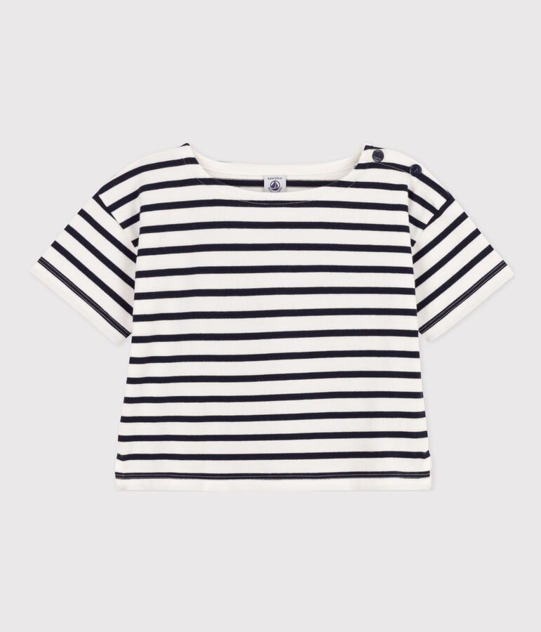 Tee-shirt ray&eacute; manches courtes en coton enfant fille blanc MARSHMALLOW/bleu SMOKING
