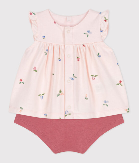 Ensemble naissance deux pièces en coton avec blouse volanté rose FLEUR/blanc MULTICO