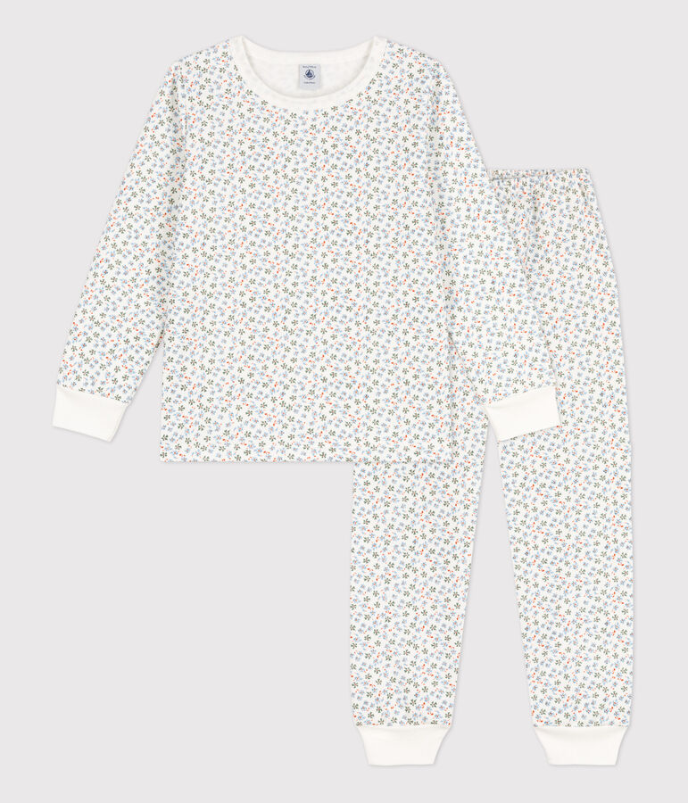 Pyjama fleur petite fille en molleton blanc MARSHMALLOW/blanc MULTICO
