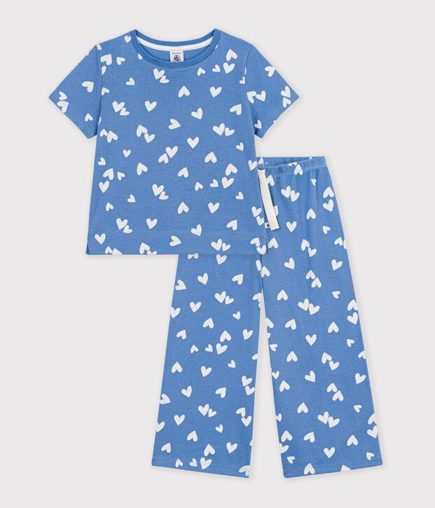 Pyjama enfant en coton jambes larges &agrave; c&oelig;urs bleu/blanc