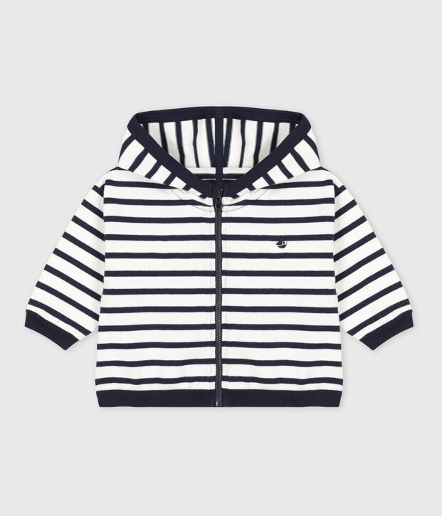 Sweatshirt &agrave; capuche b&eacute;b&eacute; ray&eacute; marini&egrave;re en jesey &eacute;pais blanc/bleu