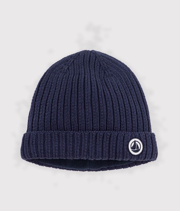 Bonnet b&eacute;b&eacute; en tricot doubl&eacute; en polaire bleu marine
